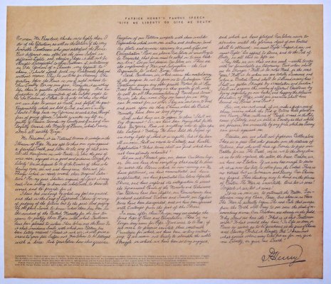 Patrick Henry Speech antiqued parchment replica document